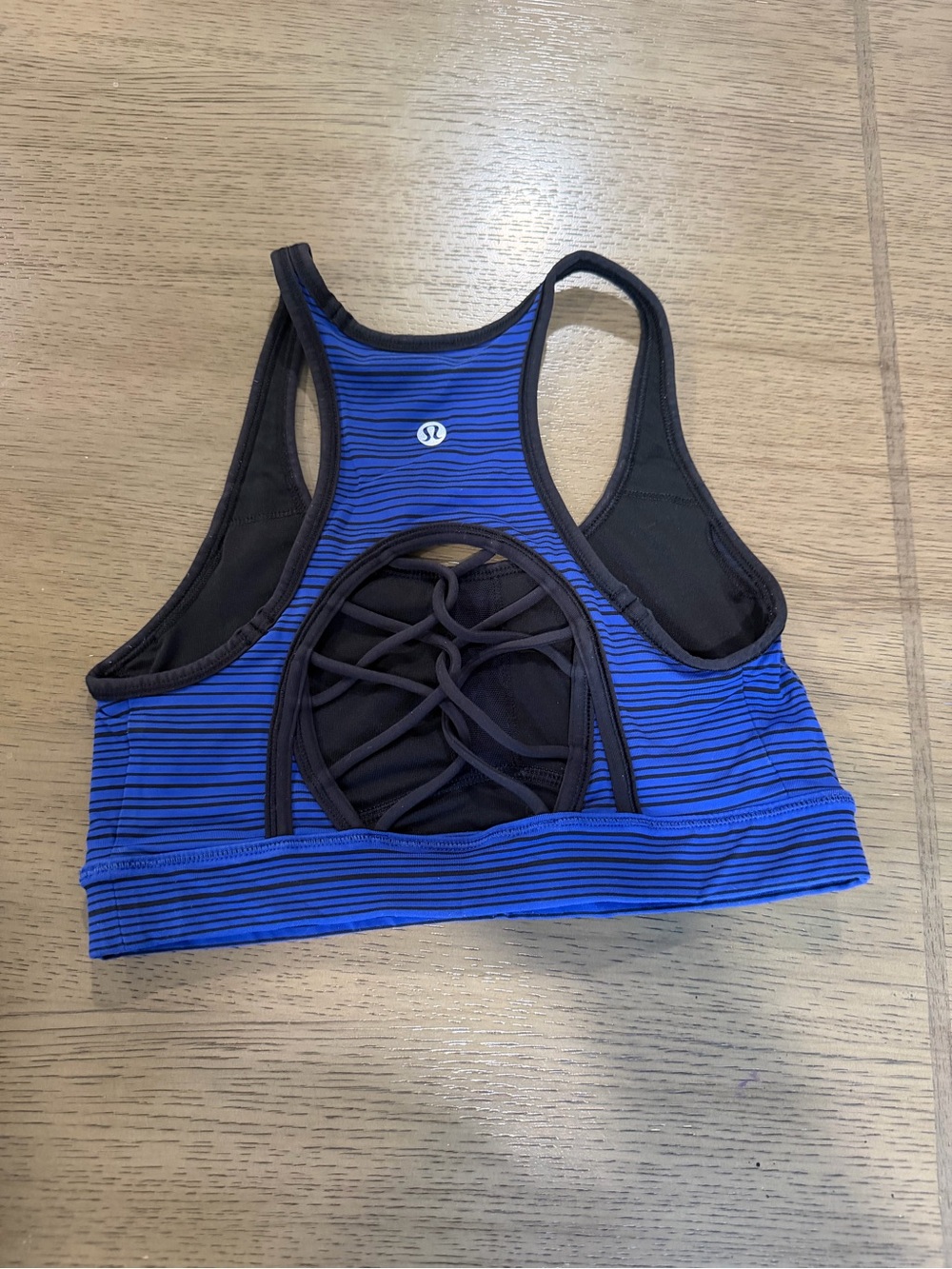 lululemon athletica Blue and Black Striped Lattice-Back Sports Bra